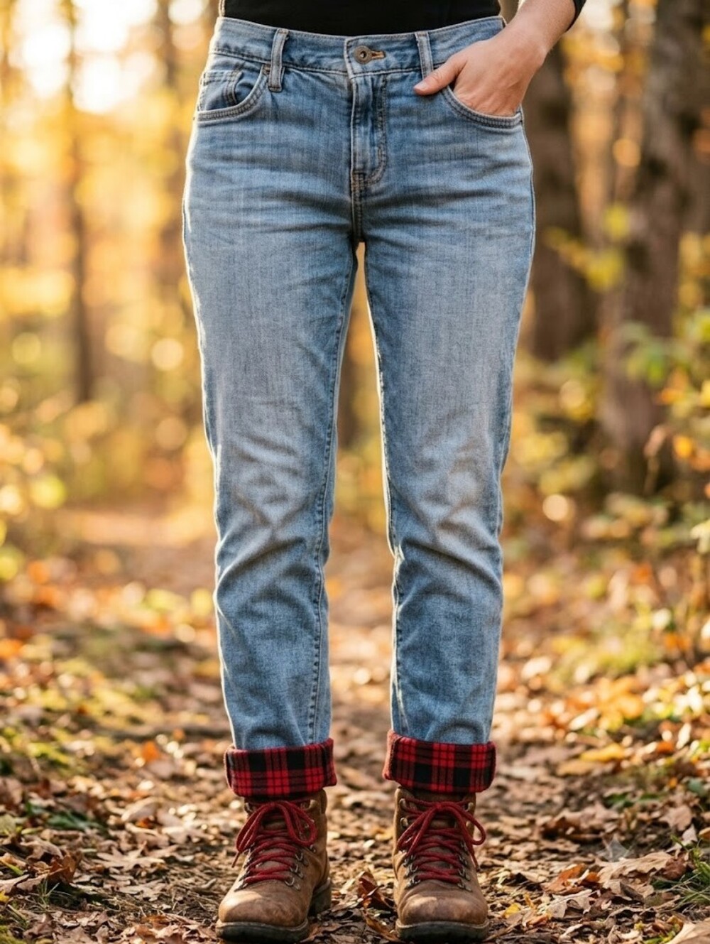 Flannel Lined Boyfriend Jeans Plaid Cuff Warm Cozy Cabin Core Outdoor Denim